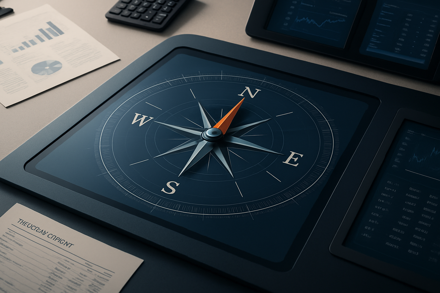 A modern, photorealistic image depicting a sophisticated business desk or control panel, with a compass rose prominently displayed at its center. The compass rose, symbolizing strategic direction and decision-making in banking structure, is set on a digital screen, showing multiple pathways with slight needle movements indicating possible strategic choices. The desk layout includes financial documents, subtle indicators of treasury management, and sleek technology displays. The color scheme features slate blue dominating the compass and desk, with orange-red accents highlighting potential strategic directions on the compass, all against a backdrop of soft neutral tones, establishing a calm, intelligent, and precise atmosphere.