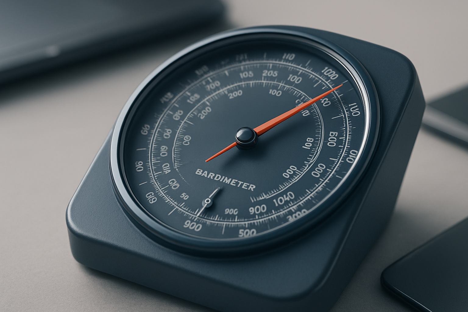 A close-up, macro view of a sophisticated barometer or depth gauge, symbolizing precision and measurement in banking fee analysis. The device is placed on a modern office desk, reflecting sharp lines and sleek design elements common in a CFO's workspace. The dial on the gauge has small, intricate details, with the needle pointing towards a specific measurement, illustrating the careful examination of banking statements for hidden fees. The color palette includes slate blue for the gauge casing and dials, accented with pops of orange-red for critical pointers, all against a backdrop of soft neutral tones to maintain a calm, intelligent atmosphere. The composition is minimalist yet effective, focusing on the intricate details of the gauge to embody the meticulous attention needed to optimize bank fee structures, designed to appeal to CFOs and financial leaders in the banking relationship landscape.