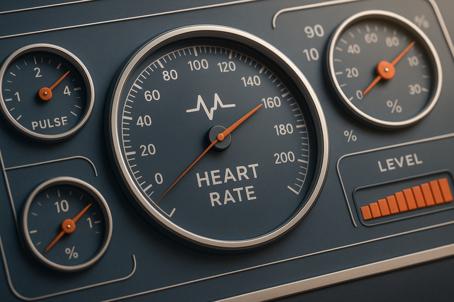 A macro view of a sophisticated pulse or heartbeat monitor, resembling a dashboard with multiple dials and indicators. The composition is tight on the device, showcasing the delicate details such as the needle movements and gauge readings. The design echoes professionalism and precision, incorporating BankGauge’s brand colors: steel blue (#3A4E68) and orange-red (#FF6B35) accents, with soft neutrals and light gradients. The visual should reflect calm, analytical tones, emphasizing strategic measurement and control, suitable for CFOs and business owners focused on managing banking relationships effectively.