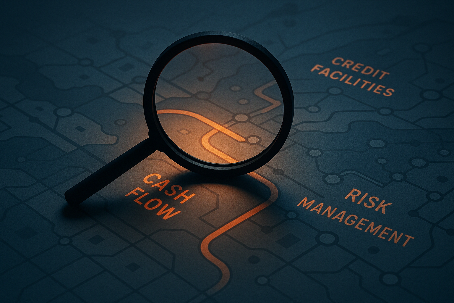 A backlit silhouette of a magnifying glass hovering over a detailed map that represents a company's financial landscape. The map is stylized to show elements like cash flow pathways, credit facilities, and risk management nodes, symbolizing the banking services and strategies needed for operational resilience. The setting introduces subtle drama with side-lit effects, highlighting the exploration and evaluation of banking relationships. The color palette adheres to BankGauge's branding, utilizing steel blue with orange-red highlights and soft neutral tones to maintain a professional, analytical, and trustworthy atmosphere. The composition should be clean, avoiding text and corporate logos to keep focus on the financial resilience concept.