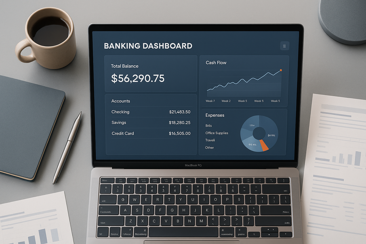 Create a photorealistic image of a top-down view of a business setting displaying a dashboard on a desk. The dashboard is filled with strategically aligned digital banking metrics suggesting a sense of clarity and control. The layout is clean and organized, featuring sharp lines and a sleek design. Use a color palette dominated by slate blue (#3A4E68) with minimal touches of orange-red (#FF6B35) for accents, alongside soft neutrals and light gradients. The image should exude calmness, professionalism, and precision, appealing to CFOs, controllers, and business owners evaluating banking solutions.