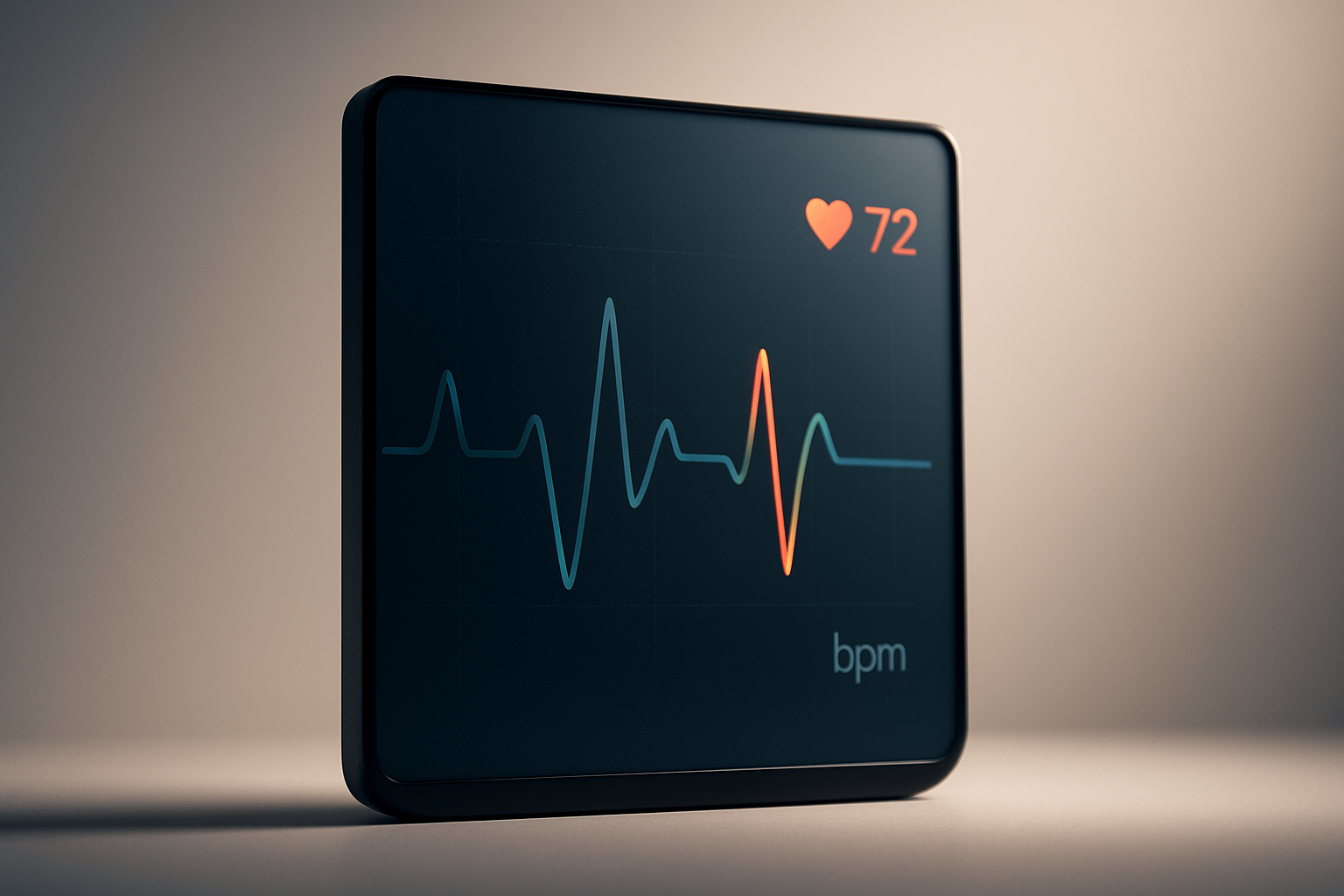A pulse or heartbeat monitor represented as a modern digital display with a sleek, clean interface. The monitor shows a series of gentle, rhythmic pulses, symbolizing the constant vigilance needed in banking fraud prevention. The composition is side-lit or backlit to create a silhouette effect, adding drama and elegance. The interface is set against a neutral, minimalist background to emphasize clarity and focus. The color scheme incorporates slate blue as the primary hue for stability and trust, with orange-red used sparingly to highlight key details or areas of concern, reflecting alertness. This image captures a calm, intelligent tone, suitable for CFOs and financial leaders making strategic decisions about banking relationships.