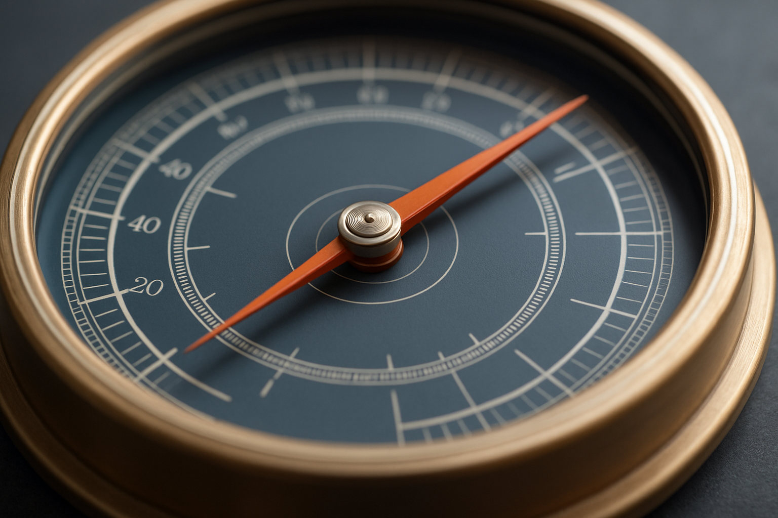 Create a photorealistic image of a sophisticated barometer or depth gauge, shown in a close-up macro view to emphasize its intricate details and precision. Use a color palette of slate blue (#3A4E68) with accents of orange-red (#FF6B35), along with soft neutrals to maintain a calm and professional tone. The gauge should symbolize the careful measurement and strategic evaluation of commercial card acceptance in a business environment. Highlight the clarity and precision in control, reflective of financial insights. Avoid any text, corporate logos, or bright colors, ensuring the image conveys an air of calm intelligence and professionalism suited for CFOs and business leaders.