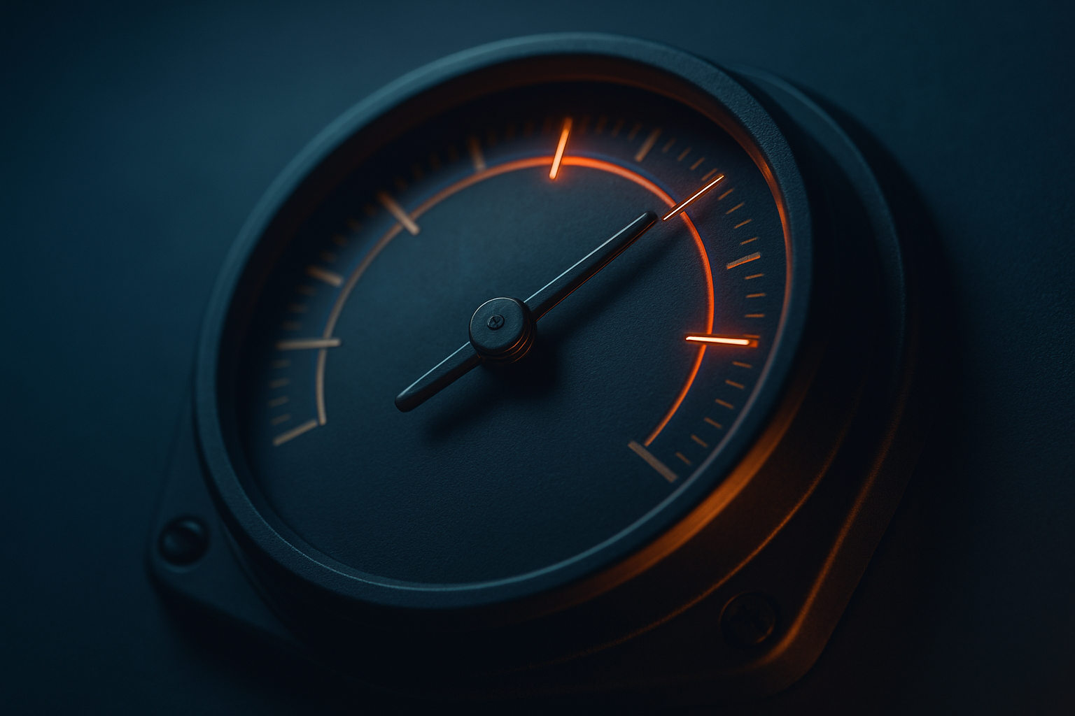 Create a photorealistic image of a mechanical dial or gauge, subtly glowing, to represent financial clarity and strategic insight. The dial is side-lit or backlit, creating a dramatic silhouette that conveys a sense of control and precision. Use a color palette dominated by slate blue with accents of orange-red and warm neutrals, avoiding any text or corporate logos. The composition should be clean and modern, reflecting professionalism and competence, with a focus on the metaphor of measurement, evaluation, and control relevant to Open Banking discussions.