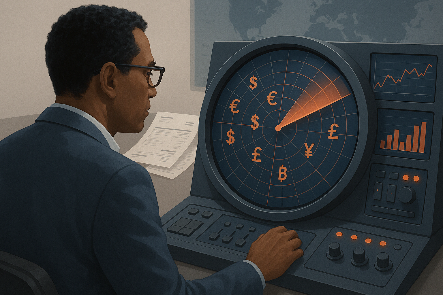 Design a visual centered around the theme of financial management and strategic decisions in a global trade context. Imagine an over-the-shoulder perspective where a diverse mid-career professional is operating a sophisticated radar screen. This radar metaphorically scans for currency fluctuations and tariff impacts, displaying a multi-currency dashboard with dynamic adjustments. In the background, hints of financial documents such as invoices and bank statements illustrate the strategic complexity involved. The color palette should incorporate slate blue and soft neutrals to evoke calm and trust, with subtle accents of orange-red for emphasis. The overall composition should be confident, grounded, and modern, avoiding clutter and maintaining visual clarity. Ensure the absence of text and corporate logos, focusing instead on a clean, photorealistic execution that conveys intelligence and precision to a professional audience.