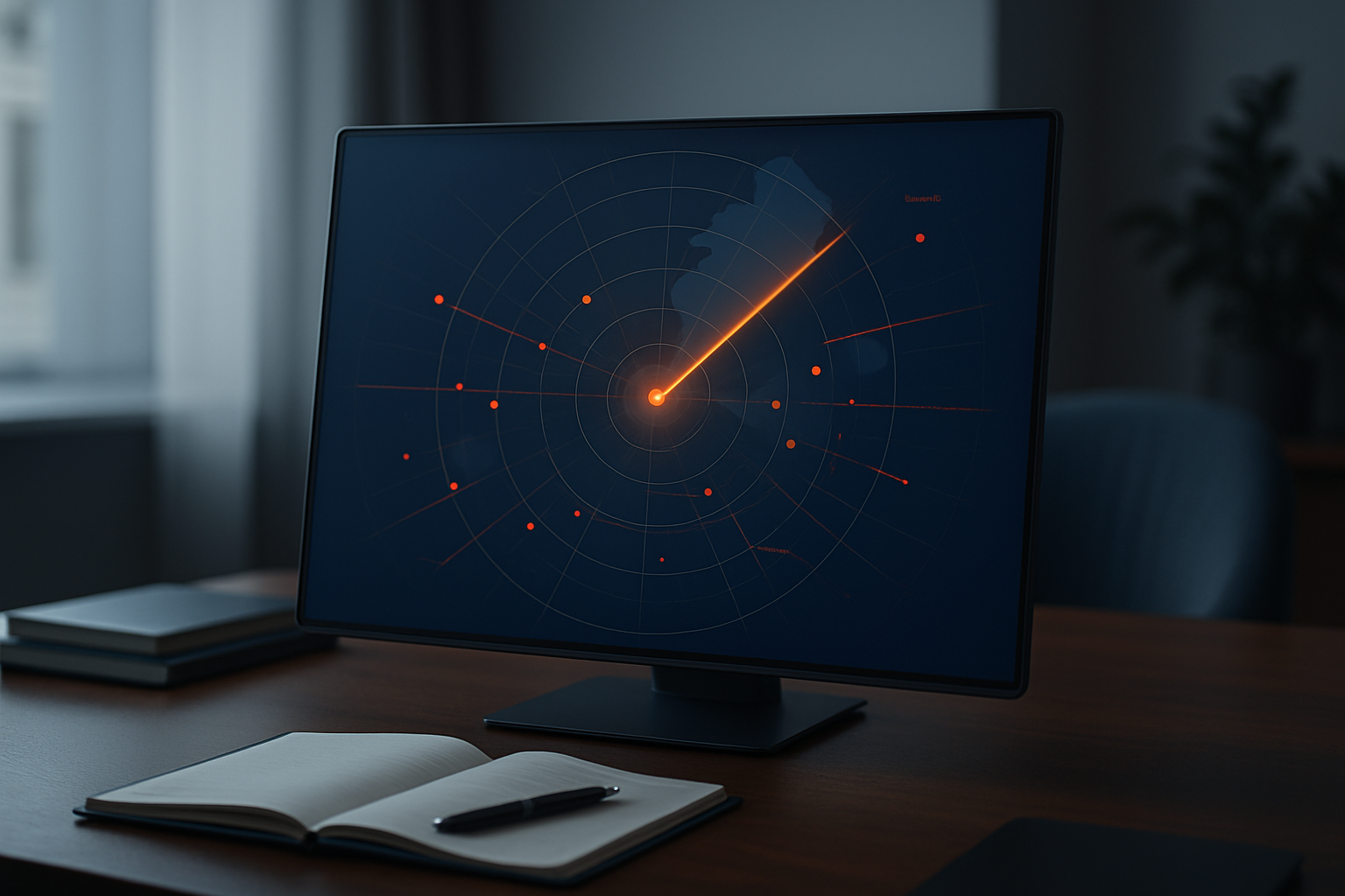 Create a photorealistic image featuring a modern radar screen displaying regional economic data. The radar screen is set in an elegant, professional workspace with a focus on a central radar pulsating softly. Incorporate slate blue (#3A4E68) as the primary color with subtle orange-red (#FF6B35) accents, suggesting strategic insights and banking decisions. The environment should be calm, intelligent, and precise to reflect the tone of financial clarity and strategic evaluation. Ensure the design is clean and uncluttered, avoiding all text and corporate logos. The overall composition should convey a sense of motion, symbolizing the dynamic nature of economic insights and decisions. This visual is aimed at CFOs, controllers, and business owners seeking to align banking strategies with regional economic trends.