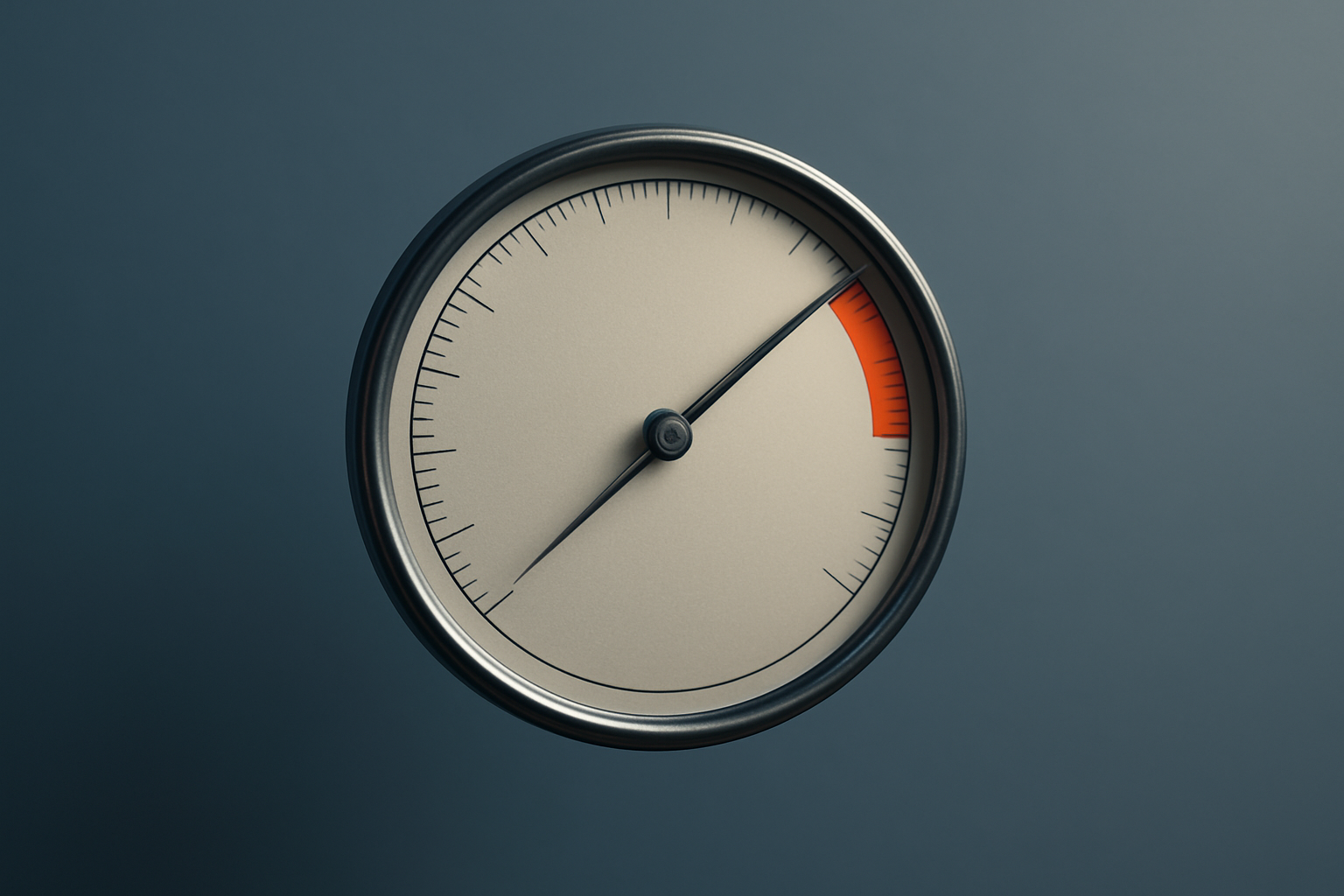 Visualize an abstract concept using a barometer or depth gauge to represent the evolving banking landscape post-merger. Set the scene with a barometer hovering against a clean, minimal backdrop, symbolizing the gauge of banking clarity amidst consolidation. Use a refined color palette of slate blue with accents of orange-red and soft neutrals for depth. The focus is on the precision of financial evaluation, capturing a calm and intelligent tone. Avoid any text or branding, ensuring a clutter-free, photorealistic style that speaks to finance leaders analyzing banking relationships.